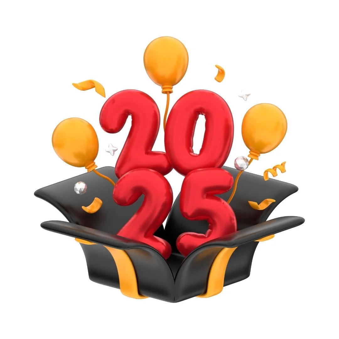 Cartel de 2025 en rojo con globos