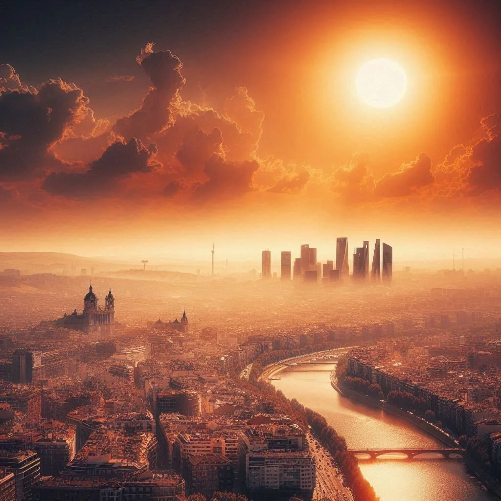 Ilustración de una ciudad bajo una ola de calor