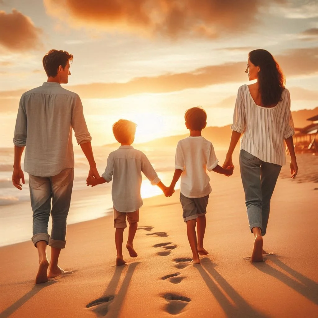 Familia paseando por la playa al atardecer