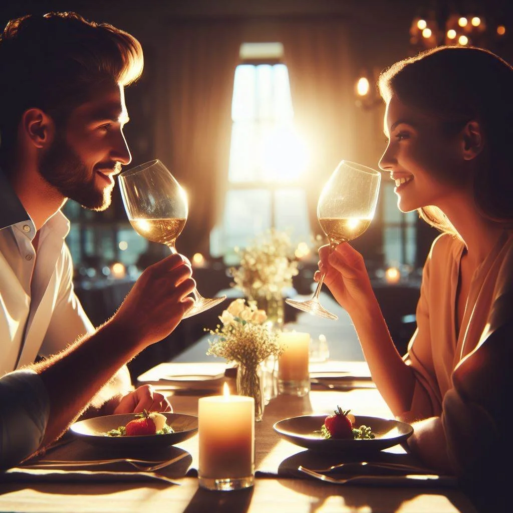 Pareja brindando en una cena con velas