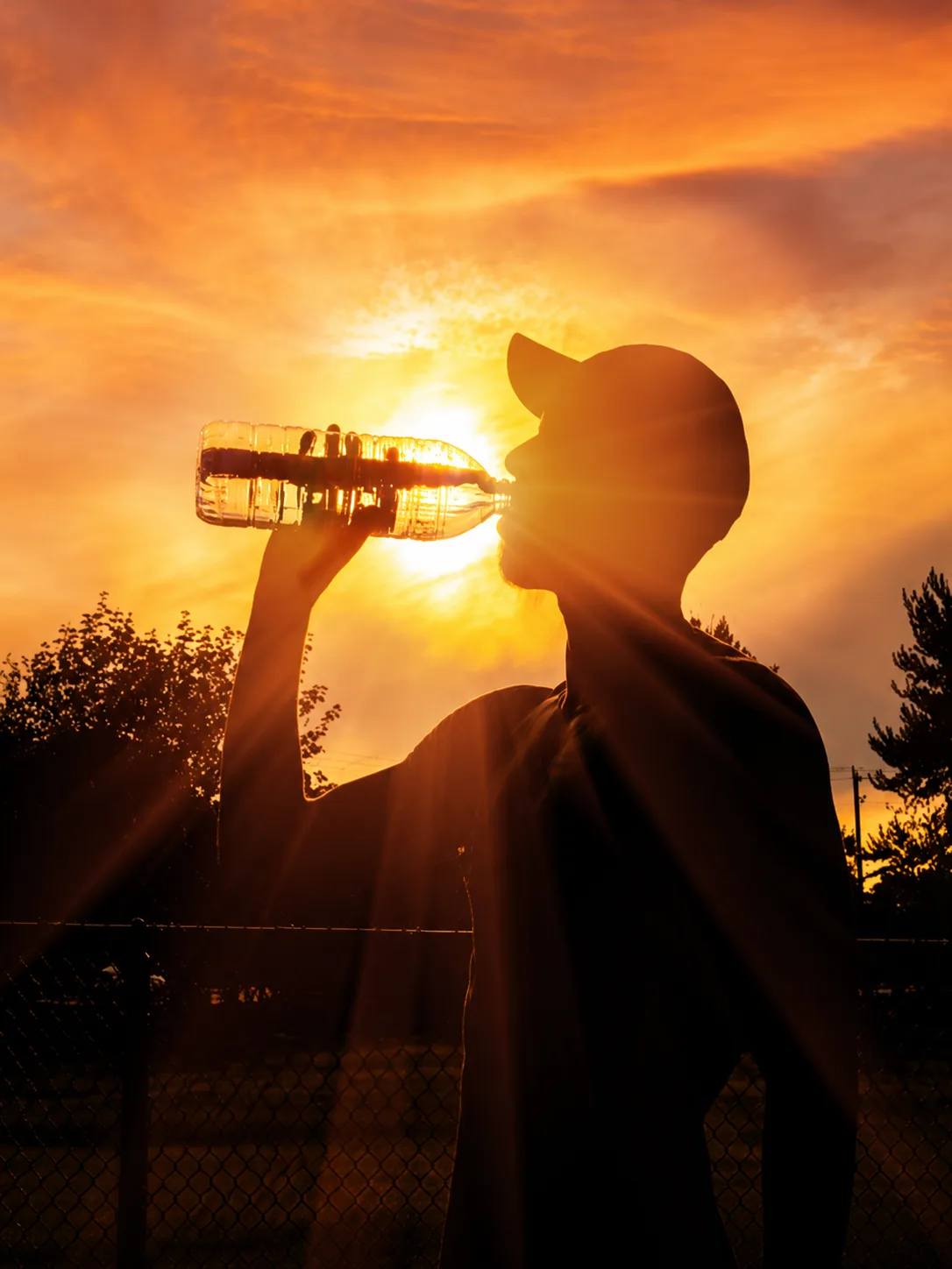 Persona bebiendo agua al atardecer