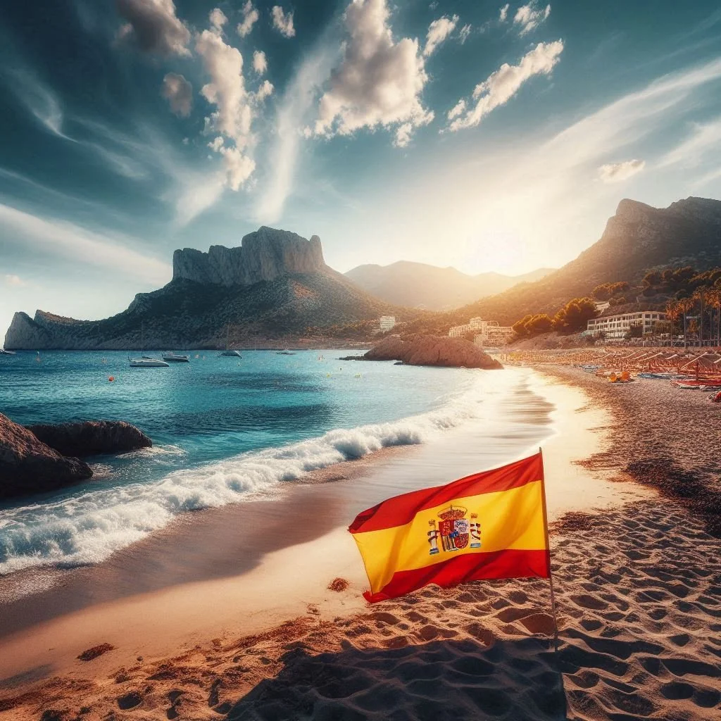 Playa con bandera de España y montañas al fondo