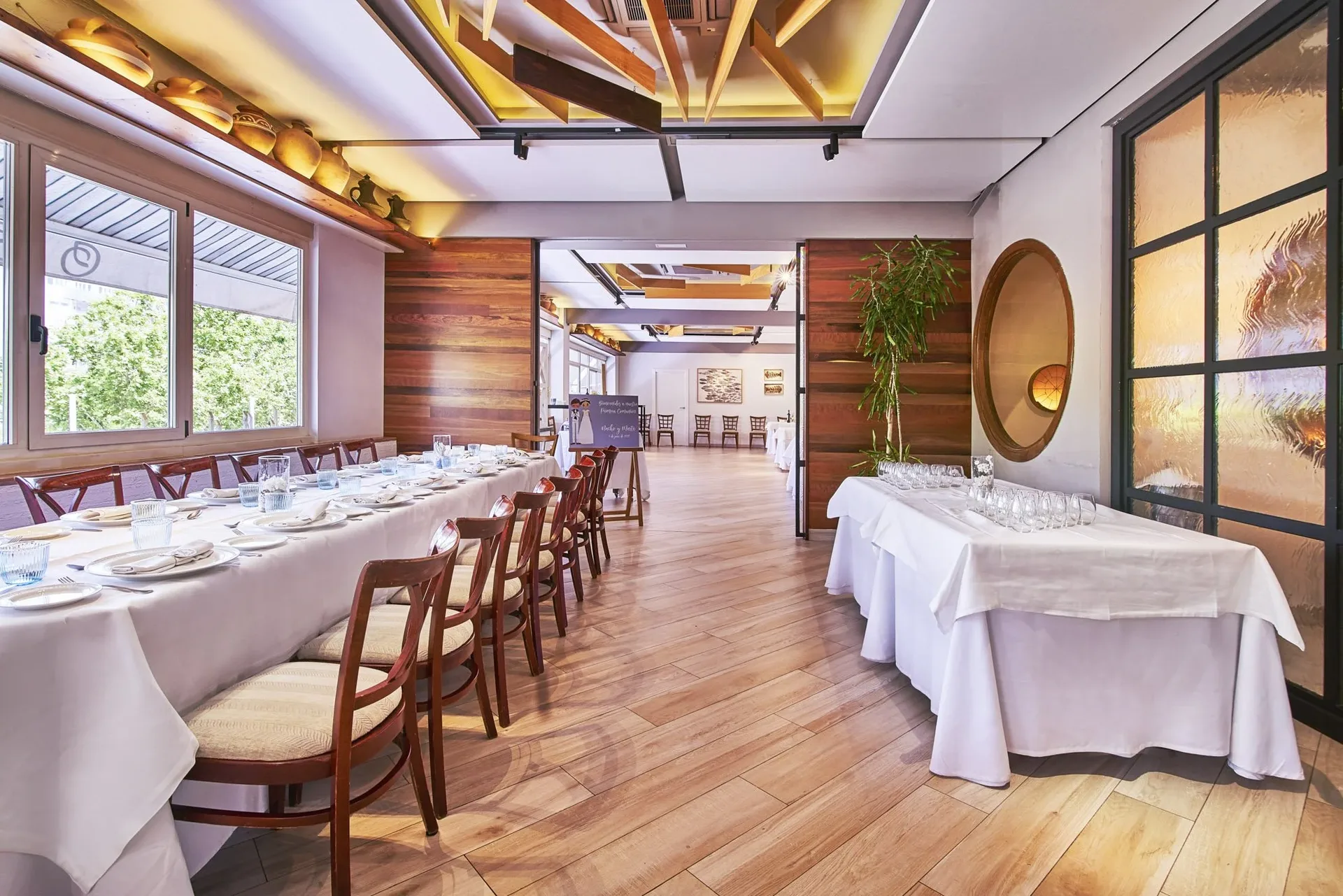 Room with a long table for large groups